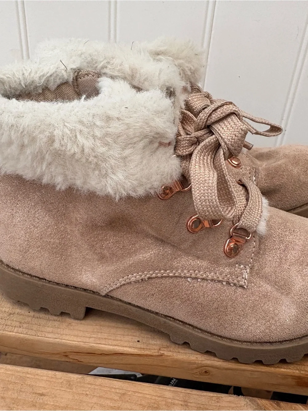 Cozy Faux-Suede Fur-Trim Kids Ankle Boots - Light Taupe